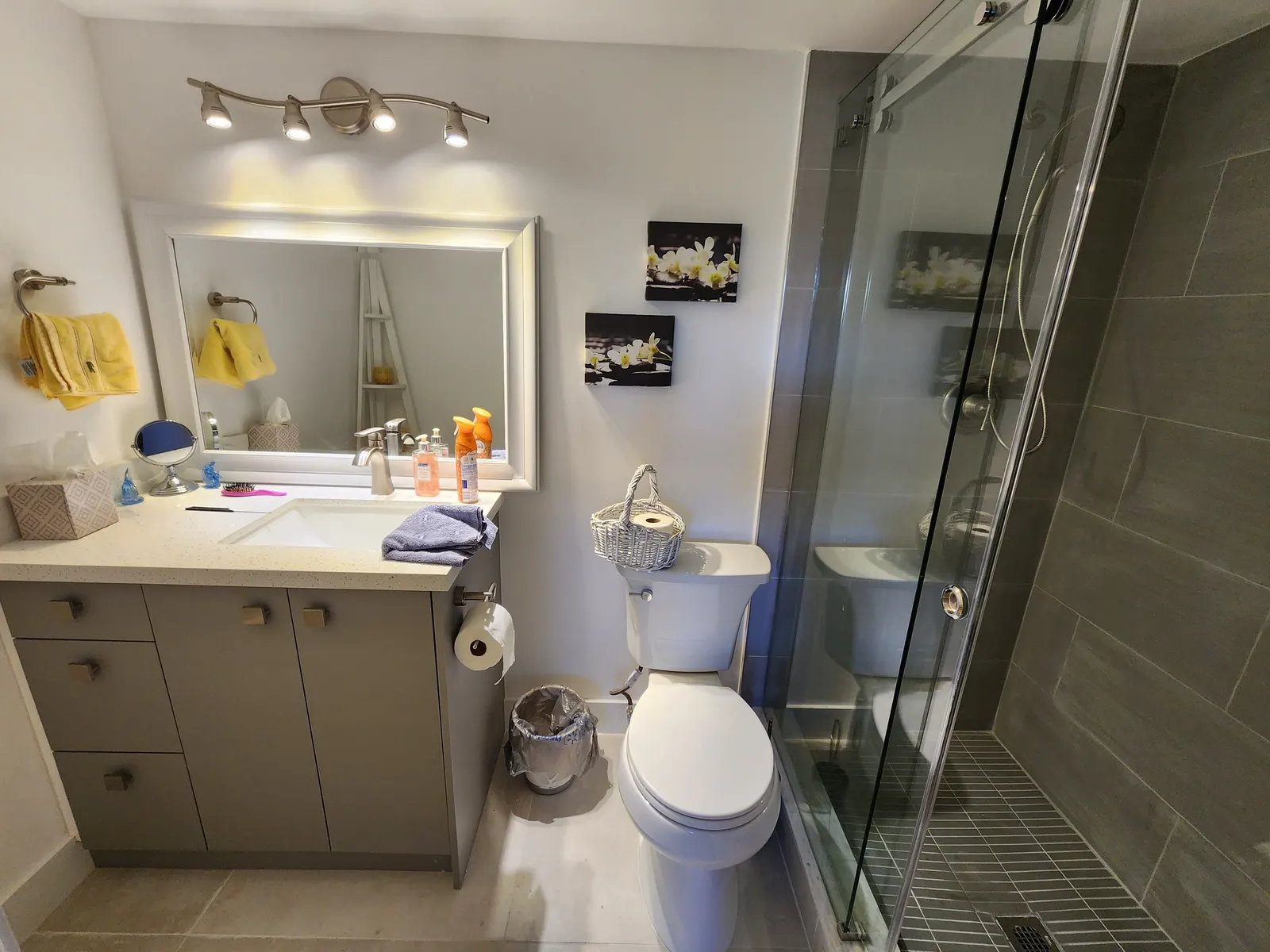Gray bathroom with vanity, toilet, and glass walk-in shower
